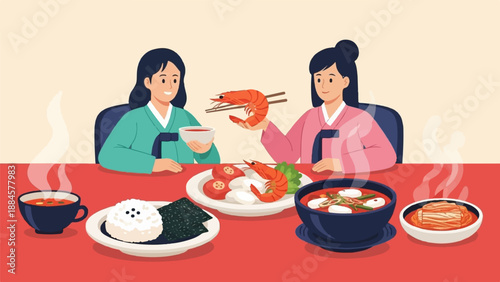 Two women in traditional dress enjoy a Korean meal with rice, soup, and kimchi