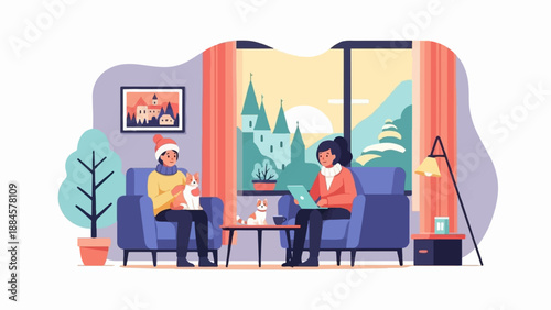 Two people and dogs relax indoors with a snowy castle view