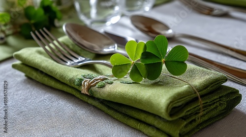 Festive st patrick s day table setting with clover and elegant silverware