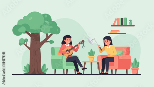 Women relaxing indoors with guitar and gardening tool