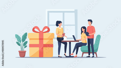 Team collaboration and gift giving in a modern office setting