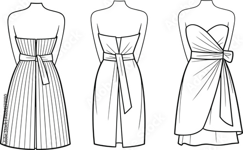 Back view fashion illustration flat sketches of three strapless dresses with sashes and pleated skirts on a white background