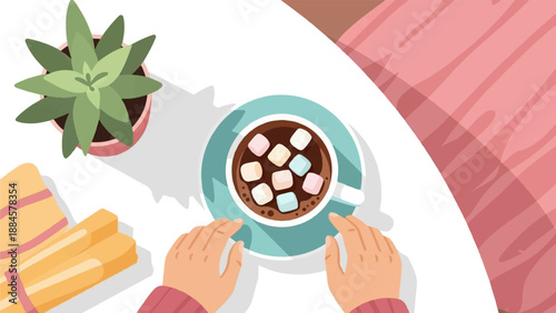 Top view of hands reaching for a cozy cup of hot chocolate with marshmallows and a plant