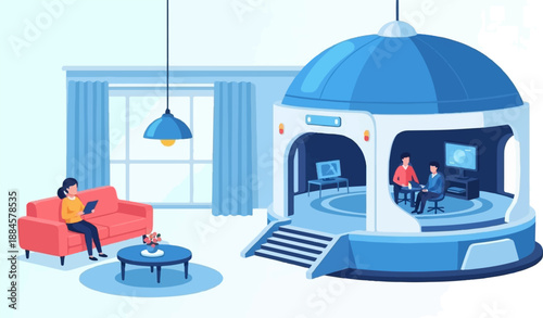 Modern interior with a woman on a couch and a futuristic meeting pod