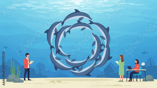 People observe dolphins in circular formation under the ocean's surface