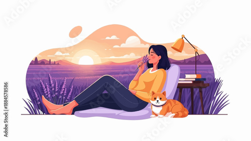Person relaxing in lavender field with dog during sunset