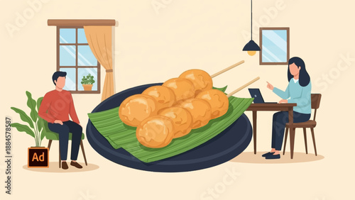 People enjoying food and working from home in a modern setting