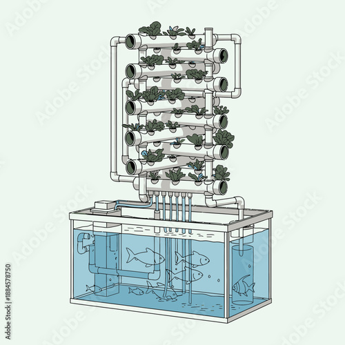 Vector Graphic of Aquaponics System with Fish Tank and Vertical PVC Tower