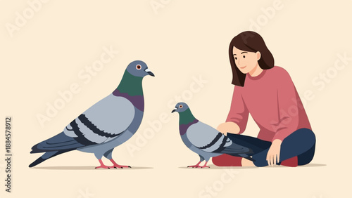 Person kneeling on floor gently touching a pigeon while another stands nearby