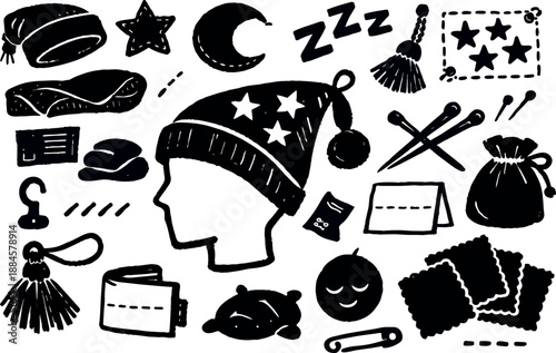 Hand drawn ink vector profile wearing star beanie with pompom surrounded by sewing icons needles buttons fabric swatches moon zzz