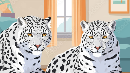 Two white leopards resting indoors with a window view