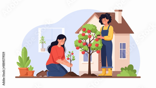 Two women gardening, planting a sapling and tending to an apple tree by a house