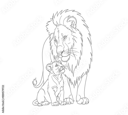 A majestic lion lovingly watches over its playful cub in a detailed line drawing