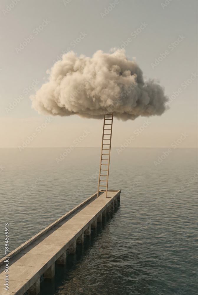 Fototapeta premium A surreal ladder rising from a pier up into a large, fluffy cloud above calm ocean waters.