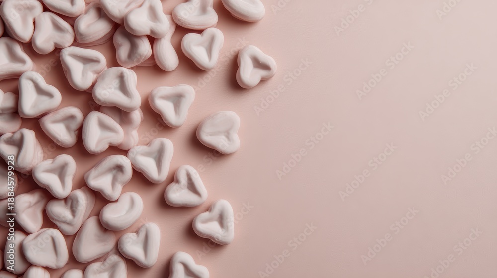 Fototapeta premium Heart Candies Scattered on Pink Background: A Sweet Delightful Surprise