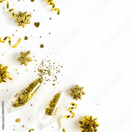 Festive Celebration with Glittering Champagne Glasses, Golden Stars, and Shiny Confetti for New Year’s Eve Party