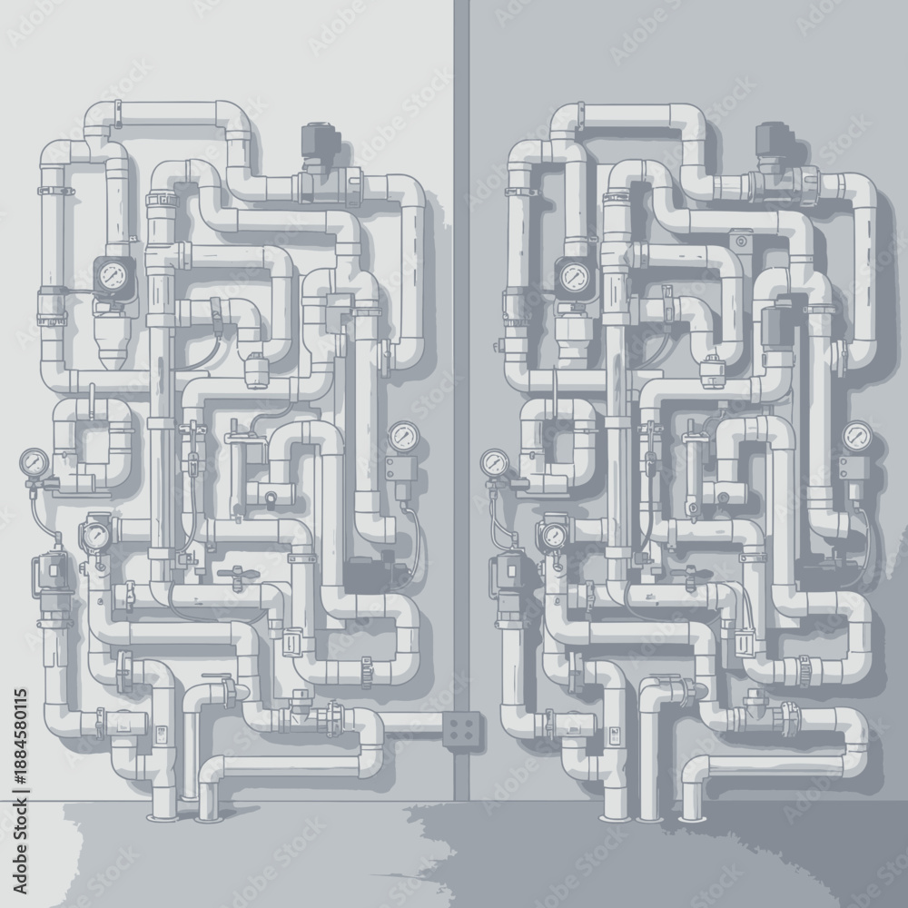 Obraz premium Complex Piping Vector Illustration of Sprawling DIY PVC Setup Covering Two Walls