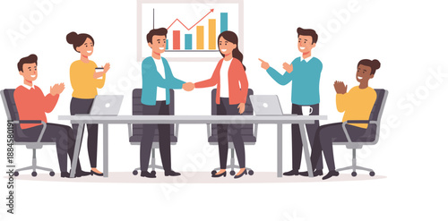 Office Teamwork Illustration Featuring Business Handshake, Team Support, Collaboration, and Positive Workplace Interaction