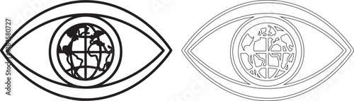 Black and white illustration of eye with globe inside