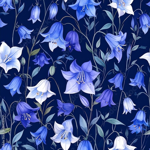Elegant Floral Pattern Featuring Blue and White Bellflowers on a Dark Background for Textile and Wallpaper Designs