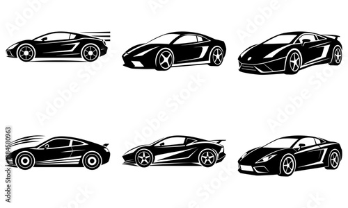 Collection of sleek sports cars viewed from various angles showcasing design and speed