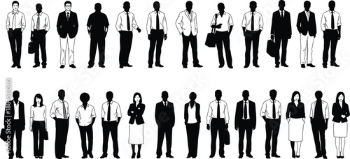 Professional Business People Silhouettes in Office Attire, Corporate Diversity Vector Illustration Set Featuring Men and Women Standing Together for Workplace Teamwork Concept