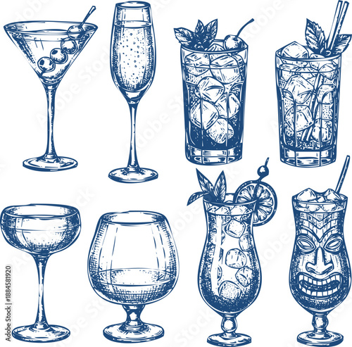 Various drink glasses set vector drawing illustration collection on transparent background