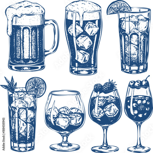 Assorted vintage style illustrations of cocktails and alcoholic beverages drawings