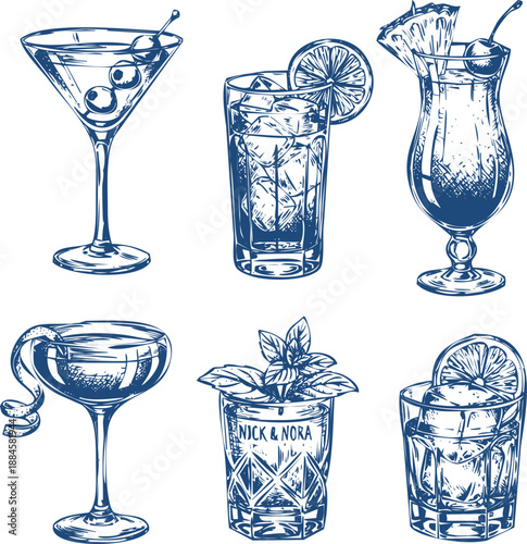 Alcoholic cocktail beverages with ice and garnish sketch set vector illustration