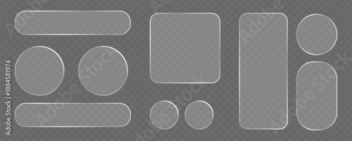Minimal frosted glass UI shapes with rounded rectangles and circles, transparent glass interface elements for modern mobile and web app design, soft blur liquid glass buttons futuristic HUD style