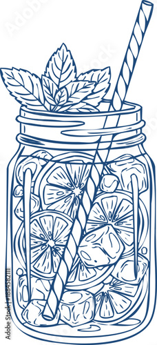 Hand drawn blue monochrome outline sketch fresh summer lemonade drink in mason jar with mint