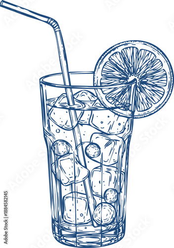 Hand drawn highball glass with straw and orange slice garnish sketch