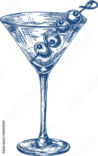 Martini glass vector drawing illustration with olives on cocktail stick