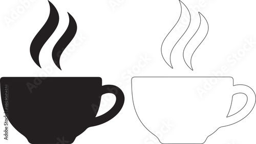 Black and white line art of two steaming coffee cups side by side
