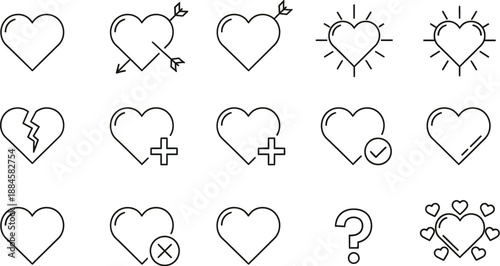 Collection of minimalist line art heart icons illustrating various concepts of affection including love interest addition rejection brokenness positive feedback and inquiries for user interface design
