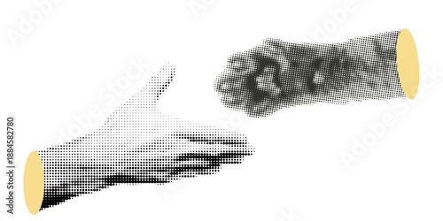 Pet adoption concept, halftone style. Human hand with cat paw, animal interaction with owner close-up. animal care and friendship with animals. Warm emotional moment of showing trust and affection. hi