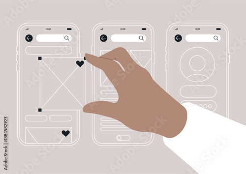 A hand actively moves various objects on wireframe mobile app screens, showcasing the dynamic process of app design, This represents creativity and user engagement in technology