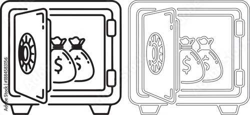 Black and white illustration of open safes with money bags inside