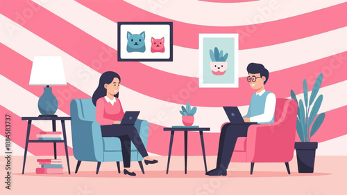 Two people in colorful room working on laptops on plush chairs