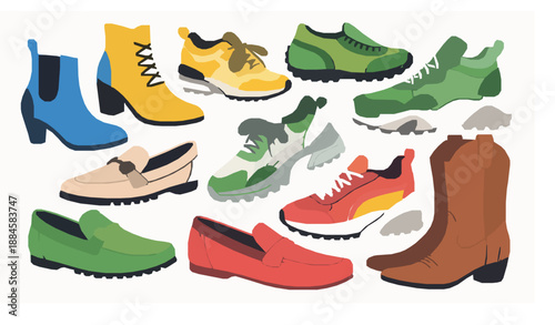 Cartoon shoe vector set with boots sneakers loafers moccasins and cowboy footwear on white