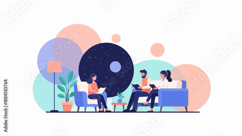 People in session with therapeutic abstract circles