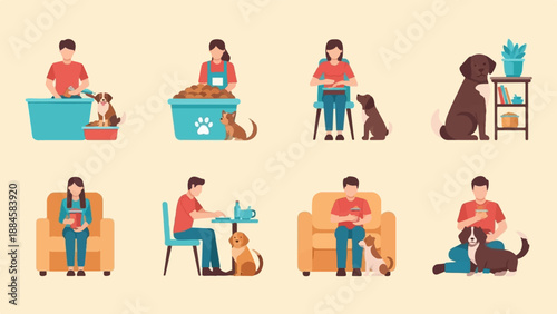 People interacting with dogs in various domestic and pet care scenarios
