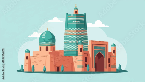 Ornate desert fortress with turquoise domes and a tall patterned tower