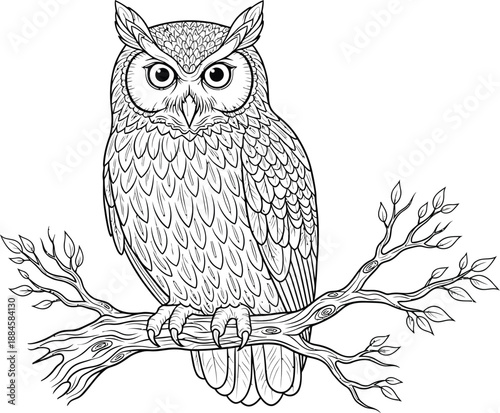 Detailed black and white line art illustration of a majestic horned owl perched calmly upon a budding tree branch suitable for coloring pages or nature focused design projects requiring avian imagery.