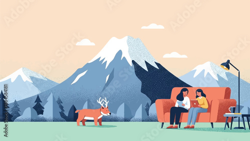 Two women relaxing on a couch with a deer and mountains in the background