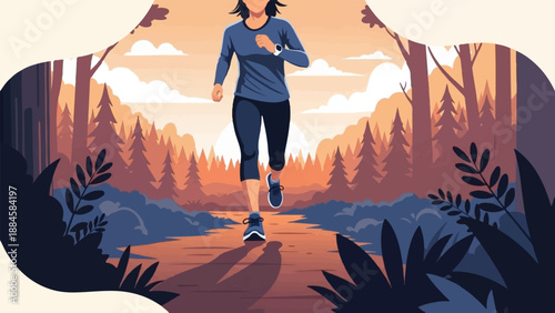 Person running on a forest path at sunset