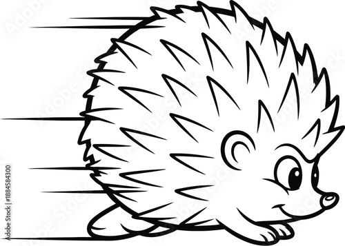 Fast cartoon hedgehog mascot running with intense speed lines and motion blur effect suggesting rapid movement or a quick getaway in a fun stylistic illustration