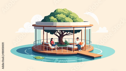 Two people relax on a floating oasis under a large tree, with water and clouds