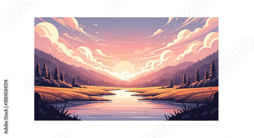 A serene river valley illustration with a calm body of water, surrounded by mountains and trees, set against a vibrant pink and orange sunset sky with fluffy clouds.