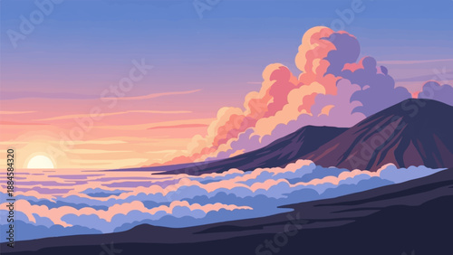 Pixel art landscape at sunset with clouds over mountains and sea
